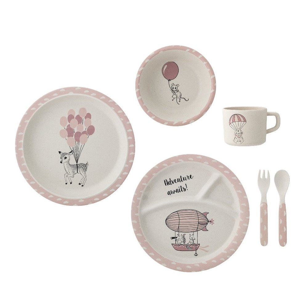 Gently used Bloomingville Adventure Awaits pink 6 piece dining meal set